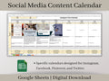 Social Media Content Calendar, Google Sheets Content Planner Template, Calendars designed for Facebook, Instagram, Twitter, and Pinterest
