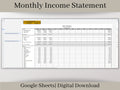 Monthly Income Statement, Monthly Profit and Loss, Easily Fillable and Printable, Google Sheets Template