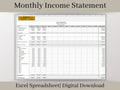 Monthly Income Statement, Monthly Profit and Loss, Easily Fillable and Printable, Excel Template