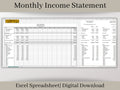 Monthly Income Statement, Monthly Profit and Loss, Easily Fillable and Printable, Excel Template