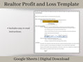 Simple Realtor Automated Profit and Loss Spreadsheet, Easy to Use Income Statement for Real Estate Agents, Google Sheets Template