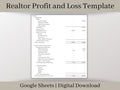 Simple Realtor Automated Profit and Loss Spreadsheet, Easy to Use Income Statement for Real Estate Agents, Google Sheets Template