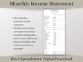 Monthly Income Statement, Monthly Profit and Loss, Easily Fillable and Printable, Excel Template