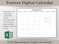 Digital Monthly Calendar, Minimalist Digital Monthly Planner Template, Excel Template, Use for any year and start your week on any day.