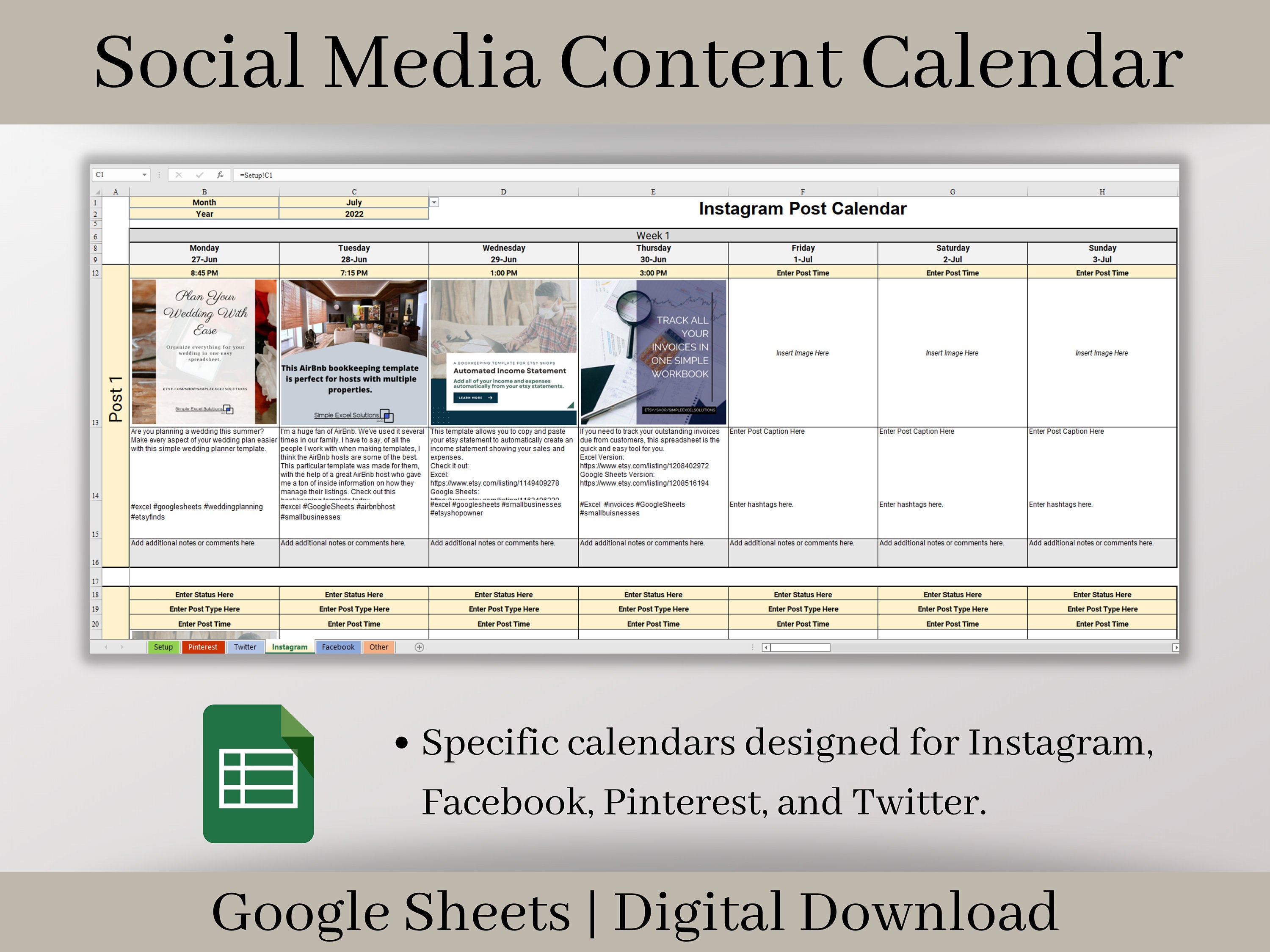 Social Media Content Calendar, Google Sheets Content Planner Template ...