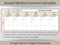 Social Media Content Calendar, Google Sheets Content Planner Template, Calendars designed for Facebook, Instagram, Twitter, and Pinterest