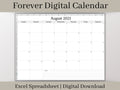 Digital Monthly Calendar, Minimalist Digital Monthly Planner Template, Excel Template, Use for any year and start your week on any day.