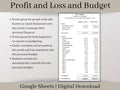 Profit and Loss and Monthly Budget Spreadsheet, Google Sheets, track all income and expenses in one template, bank reconciliation tool.