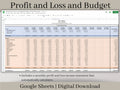 Profit and Loss and Monthly Budget Spreadsheet, Google Sheets, track all income and expenses in one template, bank reconciliation tool.