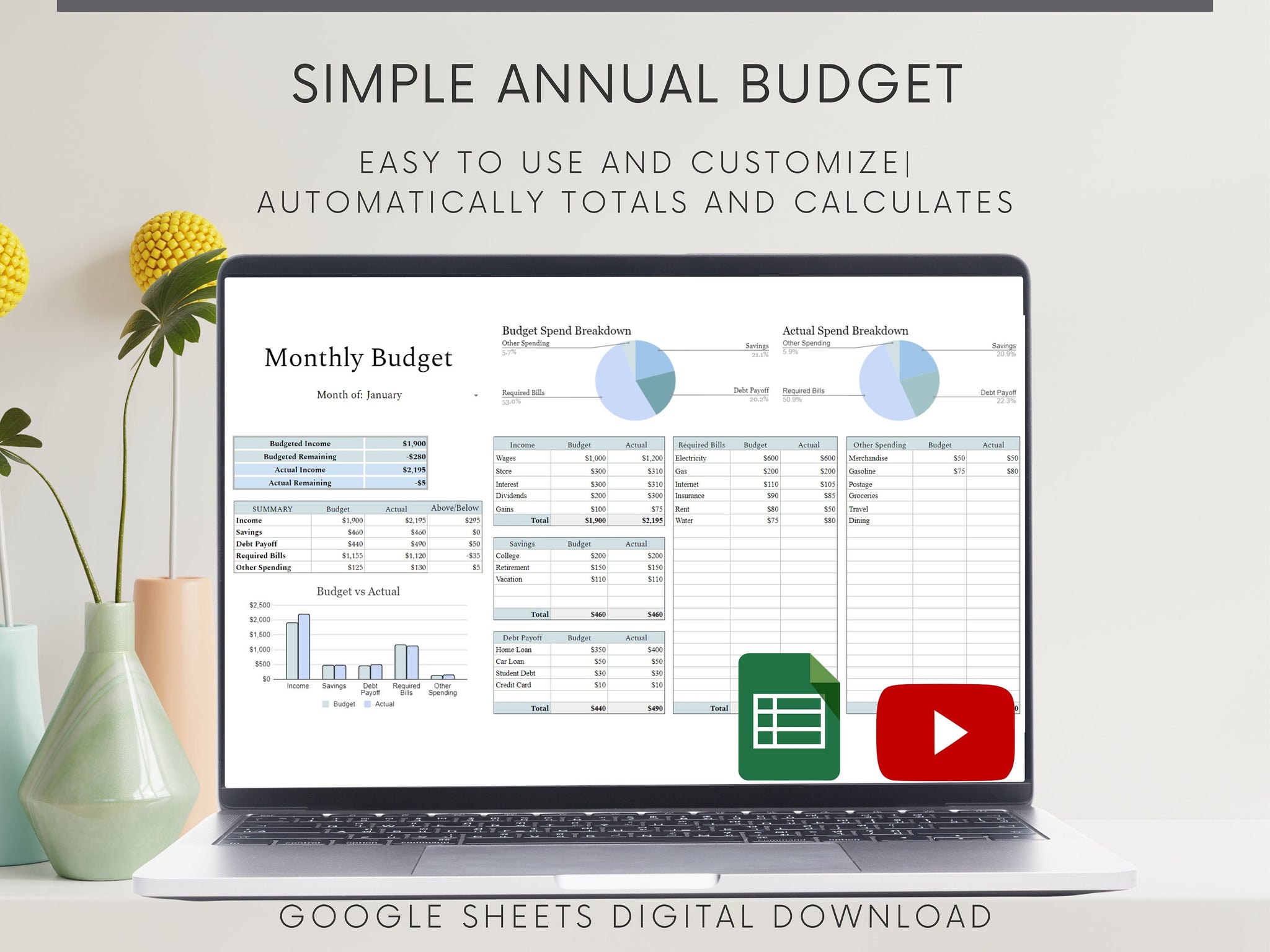 Simple Monthly Budget Spreadsheet, Google Sheets Template, Easy to use ...