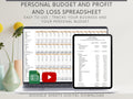 Profit and Loss and Monthly Budget Spreadsheet, Google Sheets, track all income and expenses in one template, bank reconciliation tool.